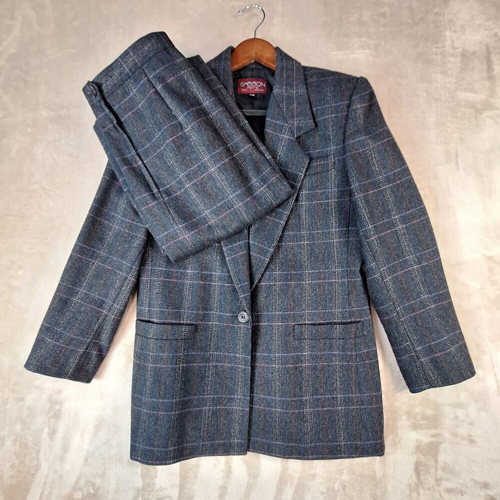 Vintage Sasson Skirt Suit Womens 8/9 Gray Plaid Wool Blend Blazer Set 90s